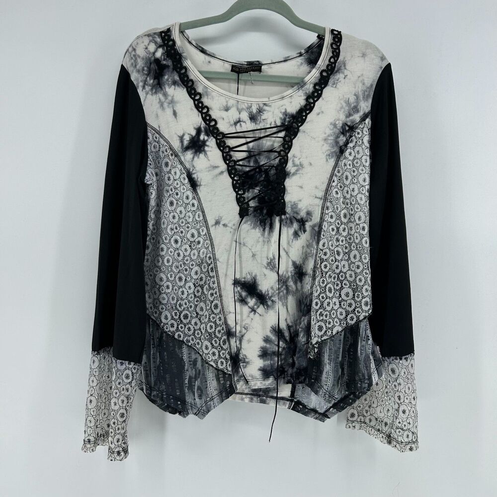NWT Alberto Makali Tie Dye Lace Decorative Blouse Women's M Black White Grunge